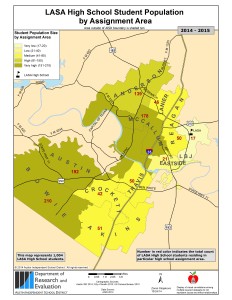 This 2014-2015 AISD's Liberal Arts and Science Academy's enrollment map shows where its students come from based on local high school boundaries. 